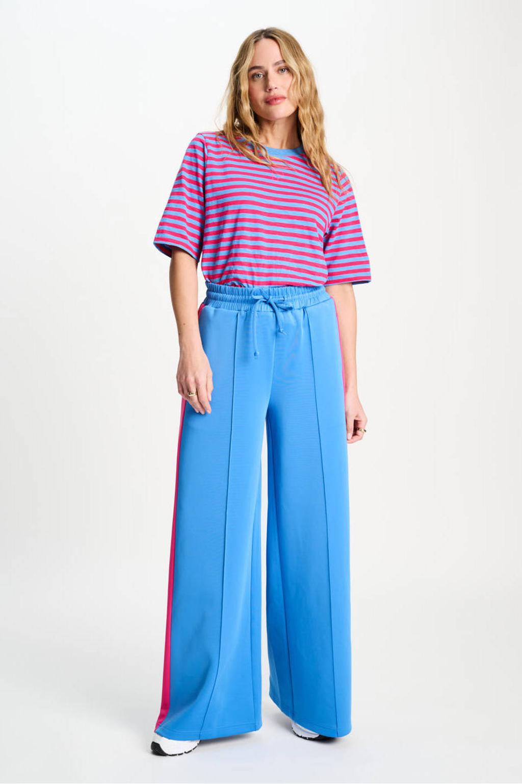 Blauw en rode dames POM Amsterdam wide leg high waist gestreepte broek met elastische tailleband met koord