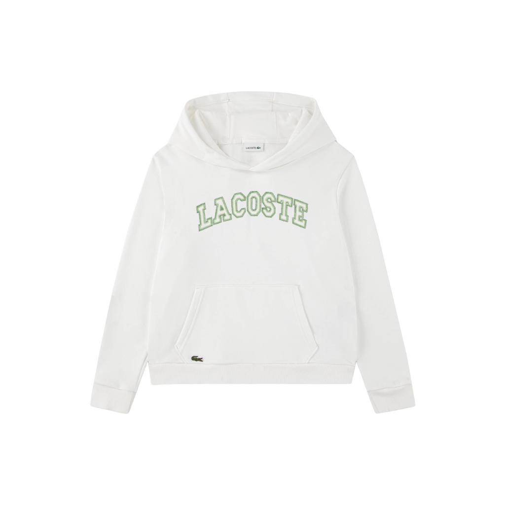 Witte jongens Lacoste hoodie van sweat materiaal met tekst print, lange mouwen en capuchon