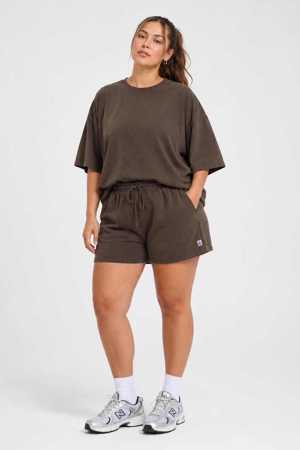 Donkerblauwe dames NOISY MAY Curve regular waist casual short van katoen met elastische tailleband met koord en effen