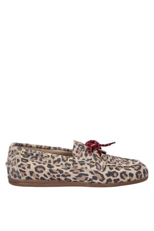 suède leren bootschoenen met panterprint beige/zwart