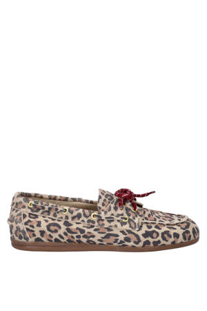 suède leren bootschoenen met panterprint beige/zwart