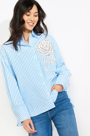 gestreepte blouse blauw broderie