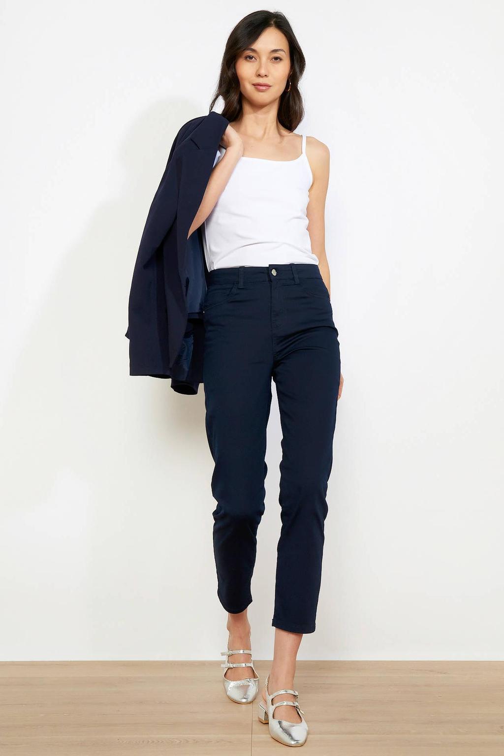 Donkerblauwe dames LOLALIZA slim high waist broek van denim met effen