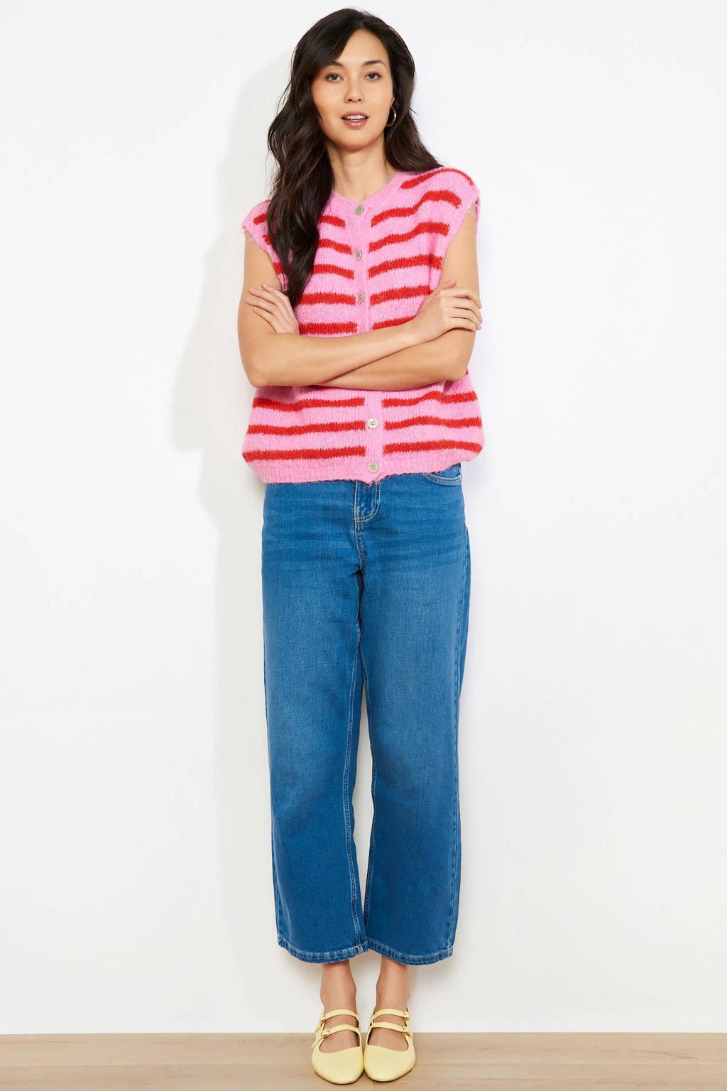 Roze dames LOLALIZA gestreepte gilet van polyester met ronde hals en knoopsluiting