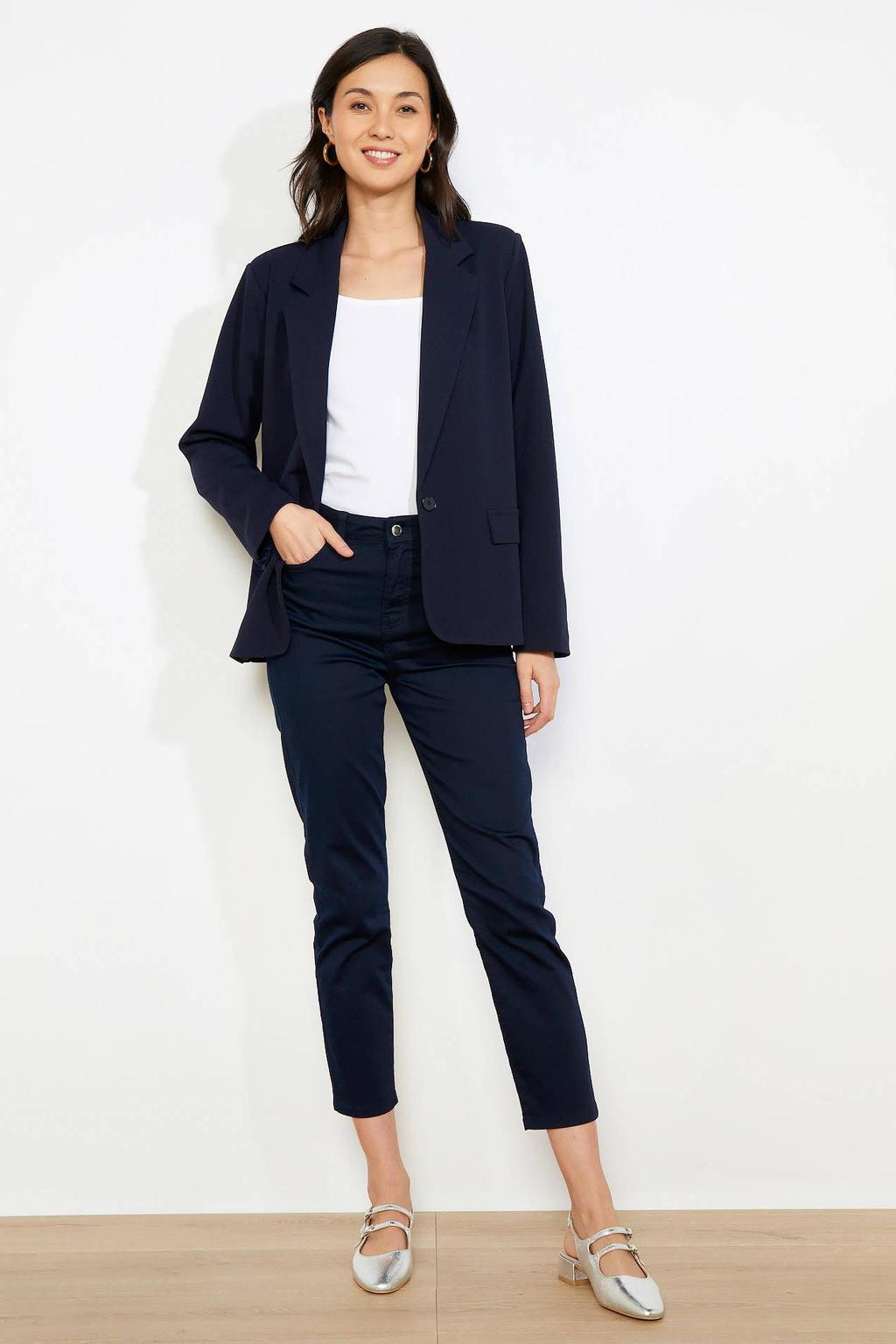 Donkerblauwe dames LOLALIZA getailleerde blazer van polyester met effen, lange mouwen, reverskraag en knoopsluiting