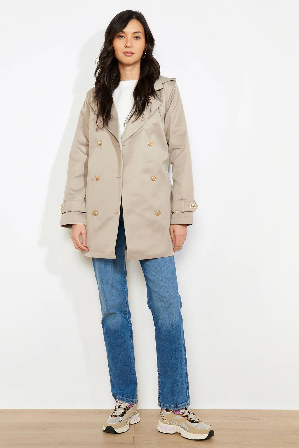 Beige dames LOLALIZA trenchcoat van polyester met effen, lange mouwen en reverskraag