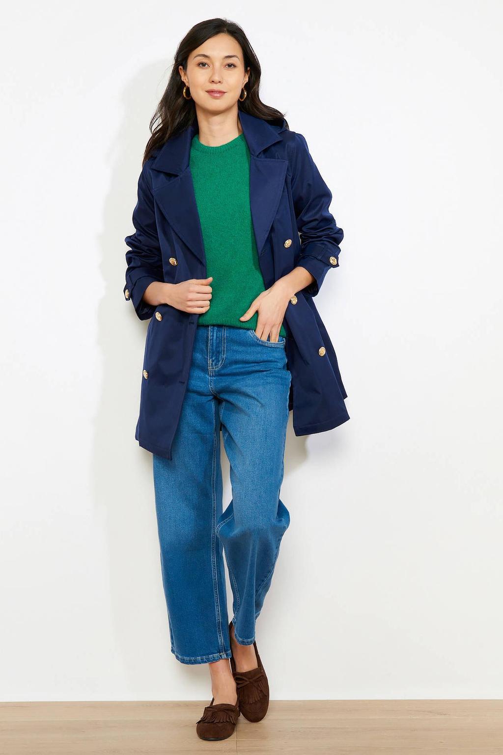 Donkerblauwe dames LOLALIZA trenchcoat van polyester met effen, lange mouwen en reverskraag