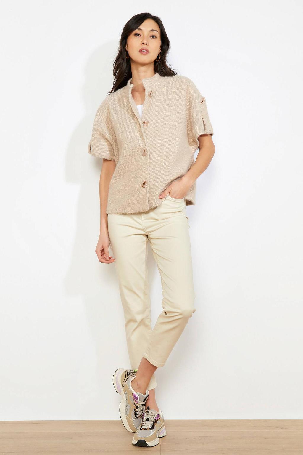 Beige dames LOLALIZA vest gebreid met melée print, korte mouwen, ronde hals en knoopsluiting