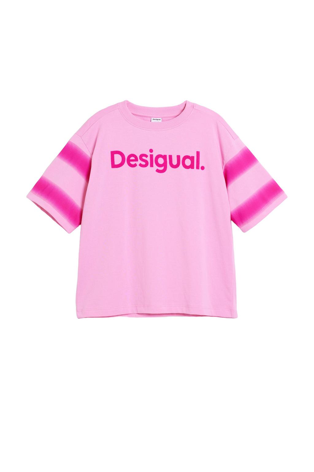 Roze meisjes Desigual T-shirt van katoen met meerkleurige print, korte mouwen en ronde hals