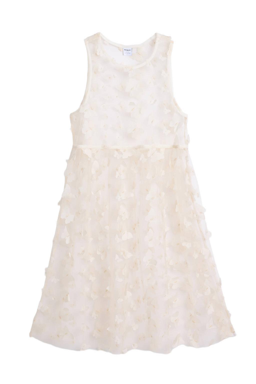 Ecru meisjes Desigual midi jurk met effen, ronde hals en 3D applicatie