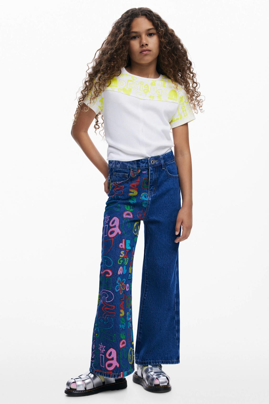 Desigual regular waist wide leg jeans met print - donkerblauw