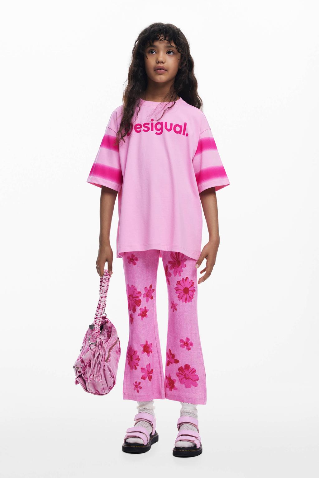 Roze meisjes Desigual gebloemde casual broek van stretchkatoen met elastische tailleband