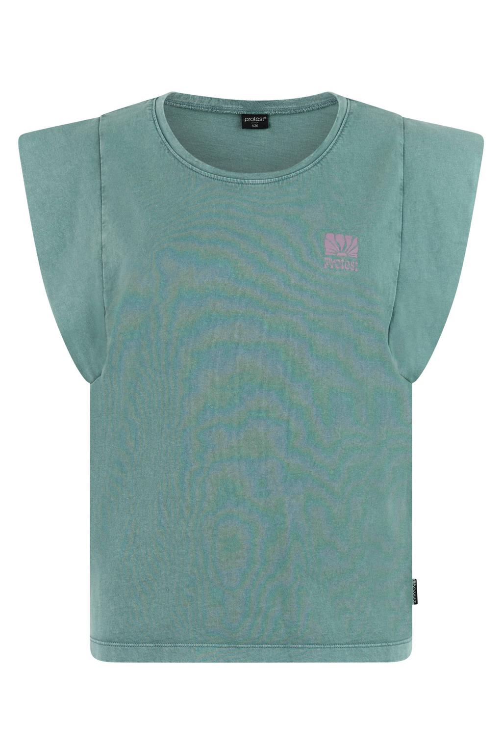 Groene dames Protest T-shirt van katoen met backprint, korte mouwen, ronde hals en ruches