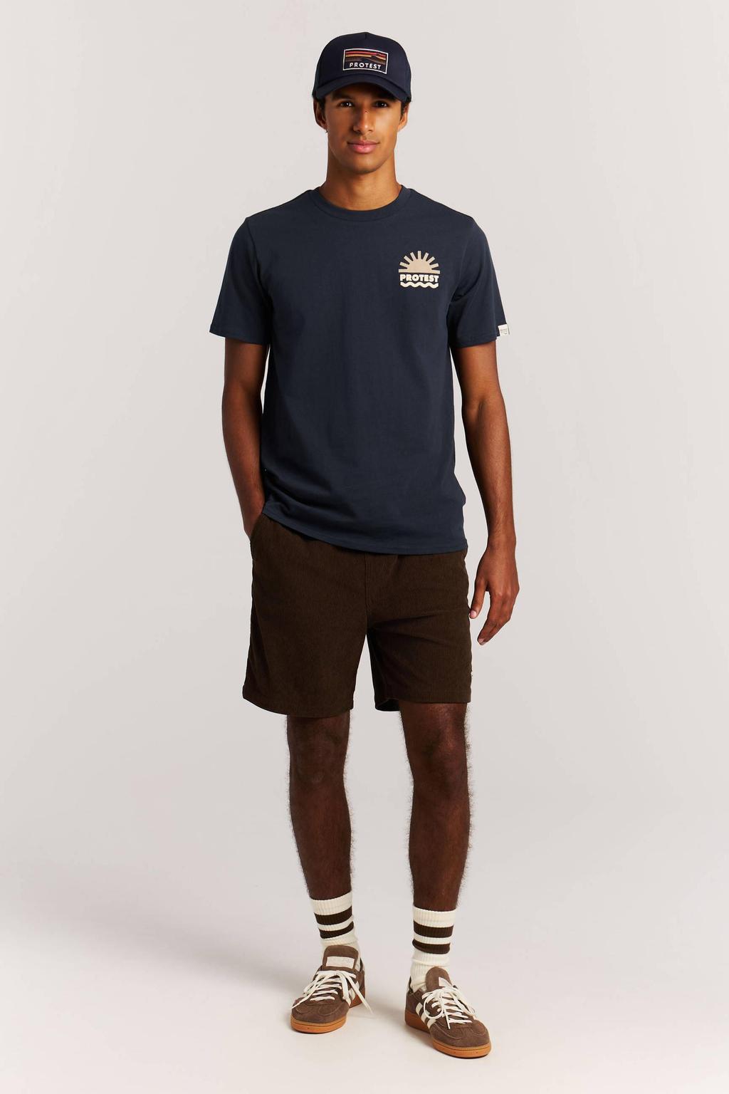 Donkerblauwe heren Protest regular T-shirt van katoen met printopdruk, korte mouwen en ronde hals