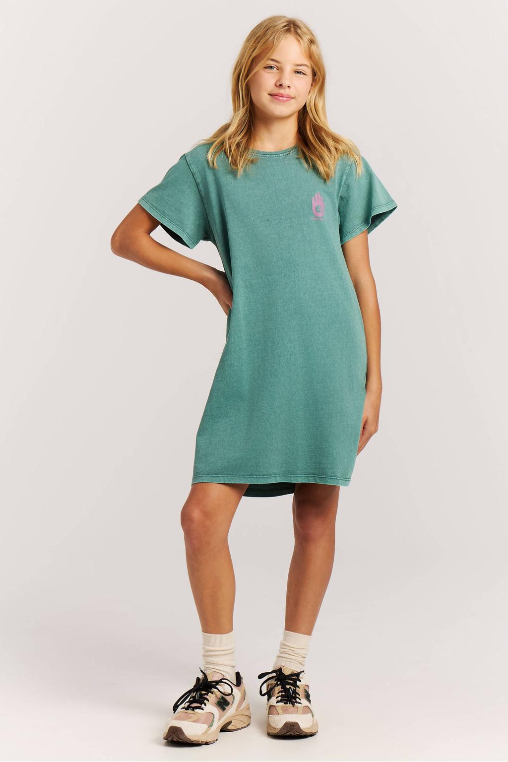 Groene meisjes Protest T-shirtjurk van katoen met backprint, korte mouwen en klassieke kraag