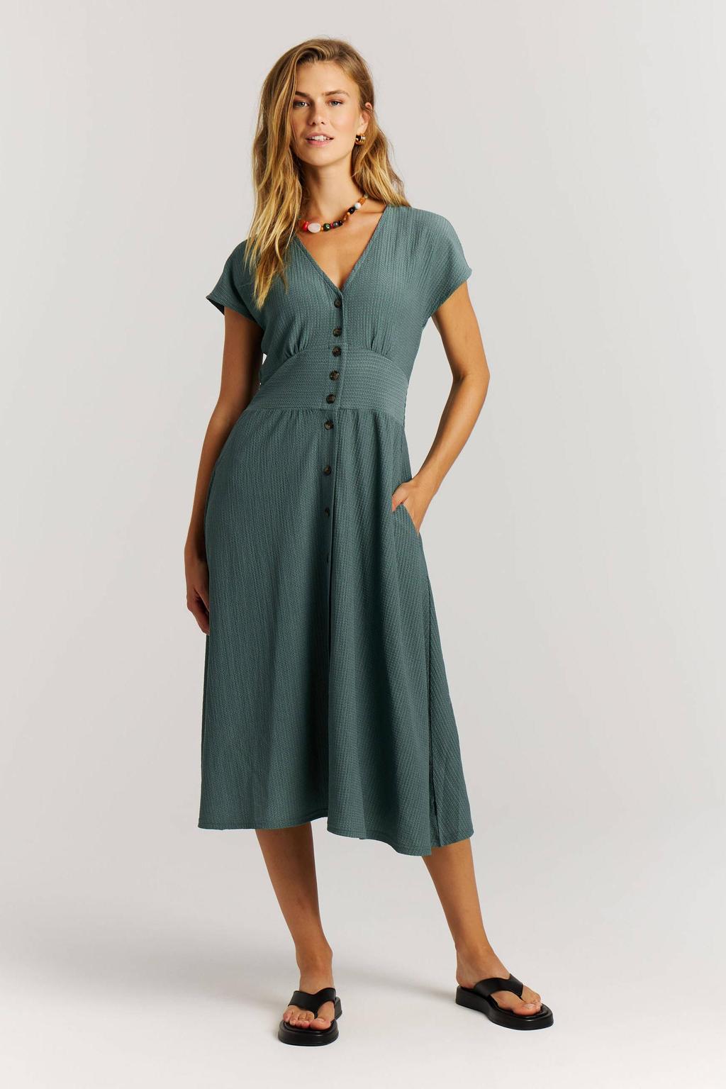 Groene dames Protest zomerjurk van polyester met effen, half lange mouwen, V-hals, knoopsluiting en textuur