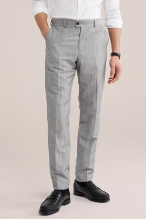 slim gestreepte pantalon met linnen grijs