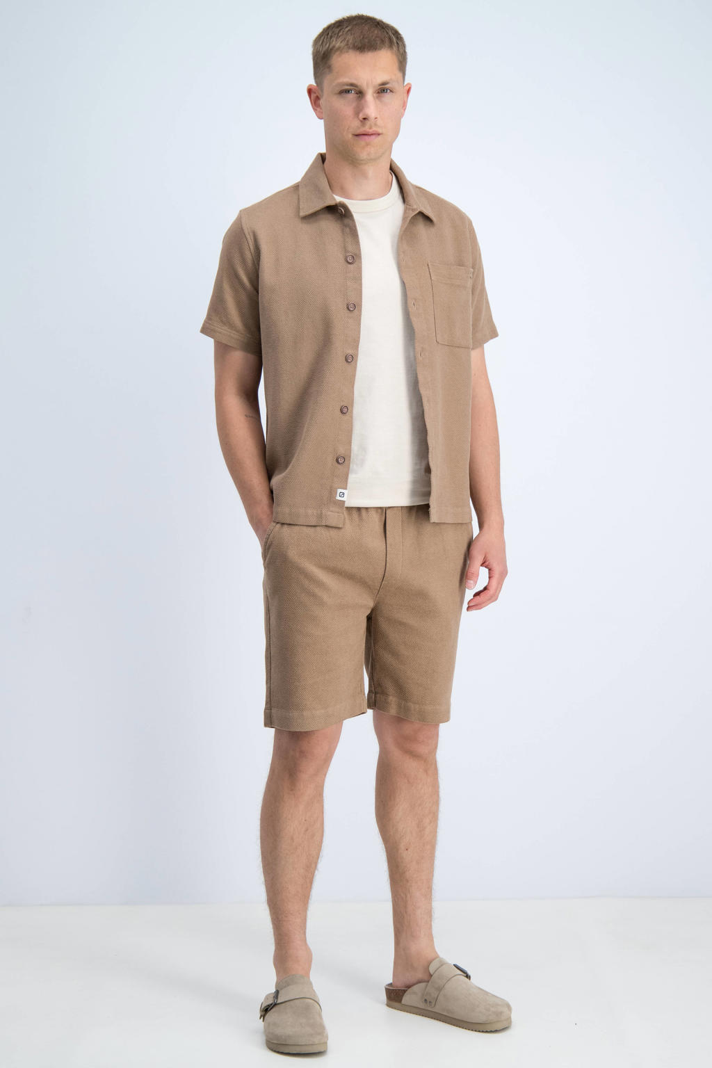 Lichtbruine heren GABBIANO katoenen regular fit overshirt patroon met korte mouwen en klassieke kraag