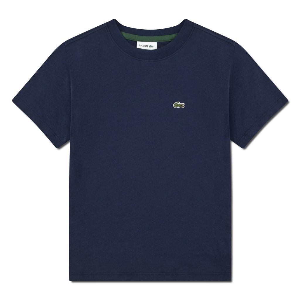 Donkerblauwe jongens Lacoste T-shirt van katoen met effen, korte mouwen en ronde hals