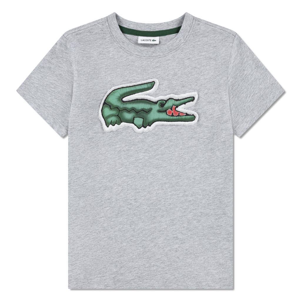 Grijze jongens Lacoste T-shirt van katoen met logo dessin, korte mouwen en ronde hals