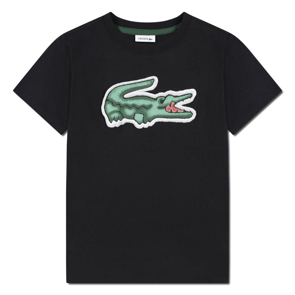 Zwarte jongens Lacoste T-shirt van katoen met logo dessin, korte mouwen en ronde hals