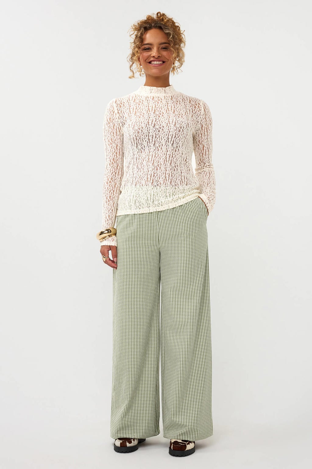Groene dames Ydence straight regular waist geruite casual broek van polyester met elastische tailleband