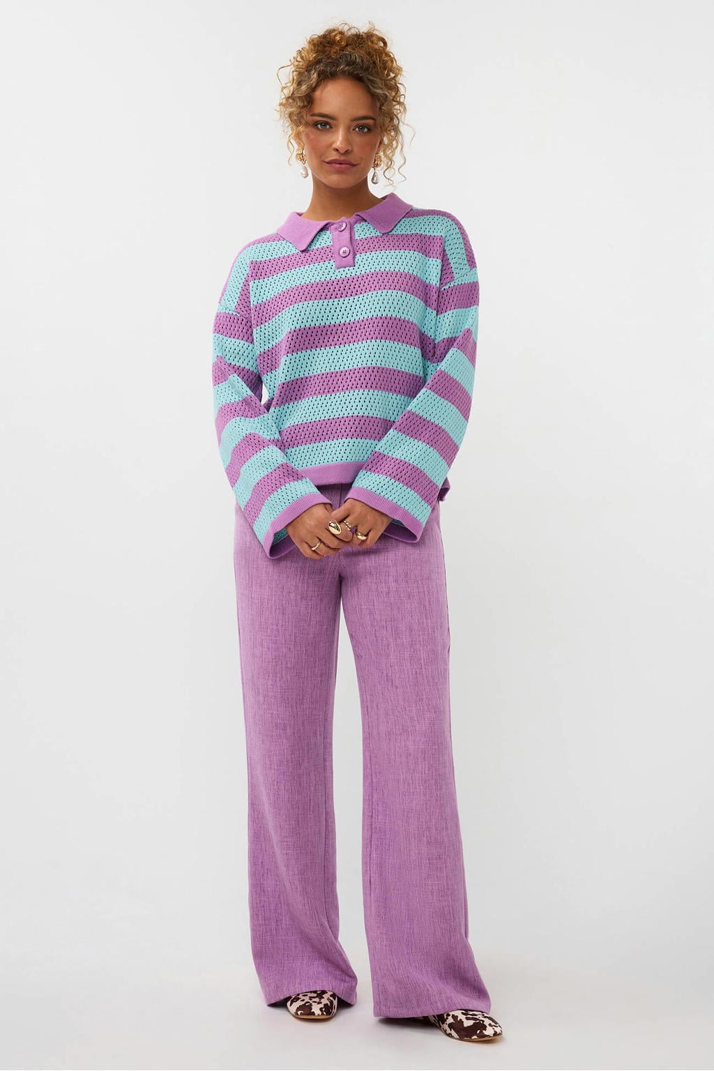 Lila en lichtblauwe dames Ydence gestreepte pullover gehaakt van katoen met lange mouwen, klassieke kraag en knoopsluiting