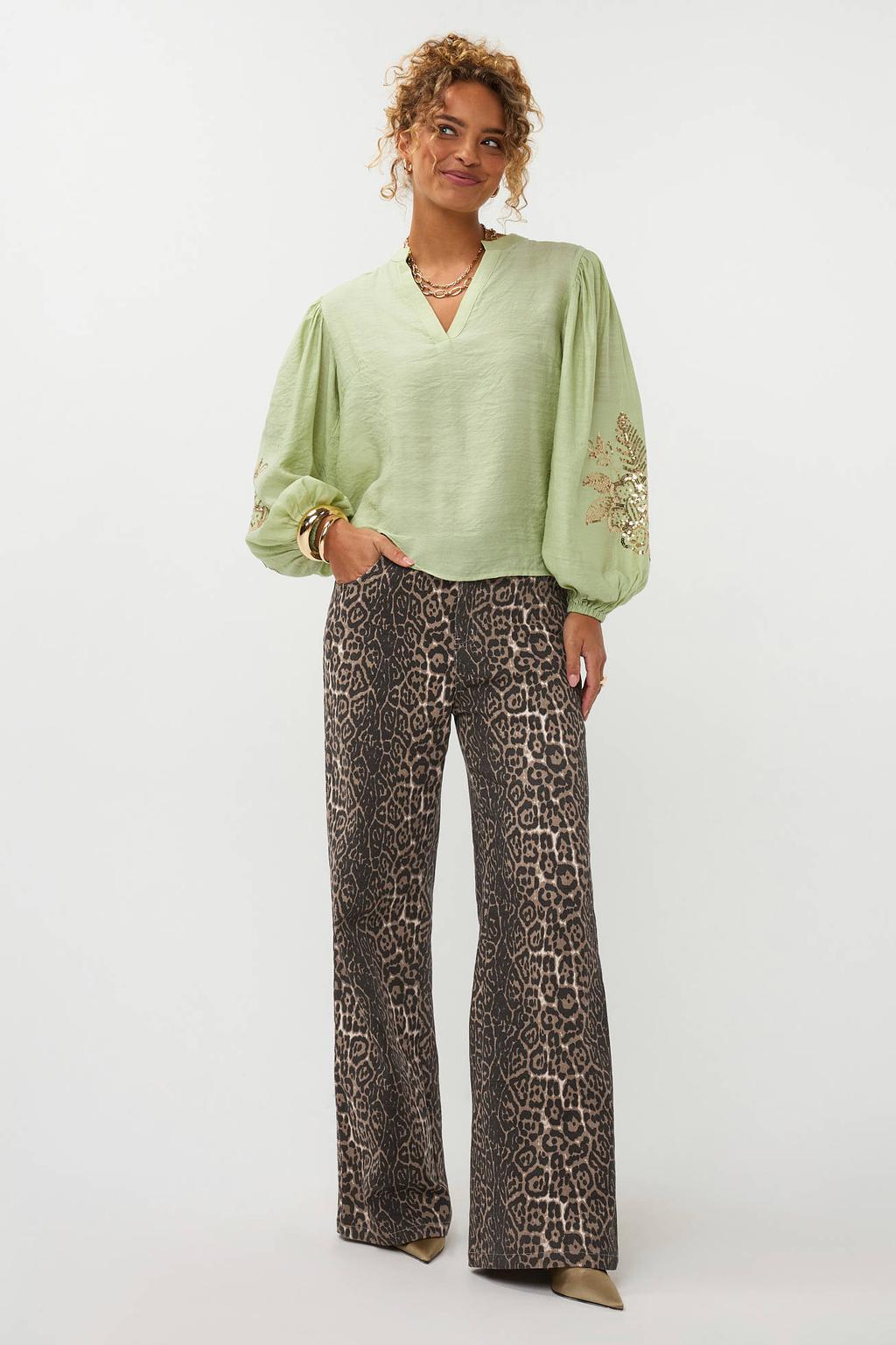 Lichtgroene dames Ydence blousetop van viscose met effen, lange mouwen, V-hals en pailletten
