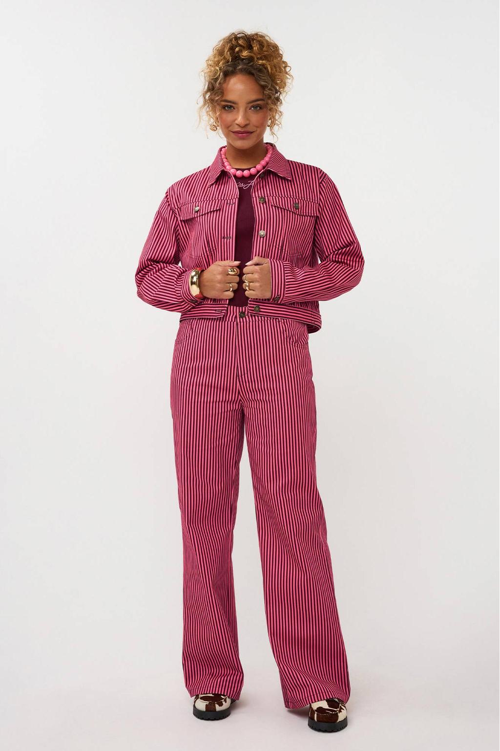 Roze dames Ydence spijkerjas van katoen met strepenprint, lange mouwen en klassieke kraag