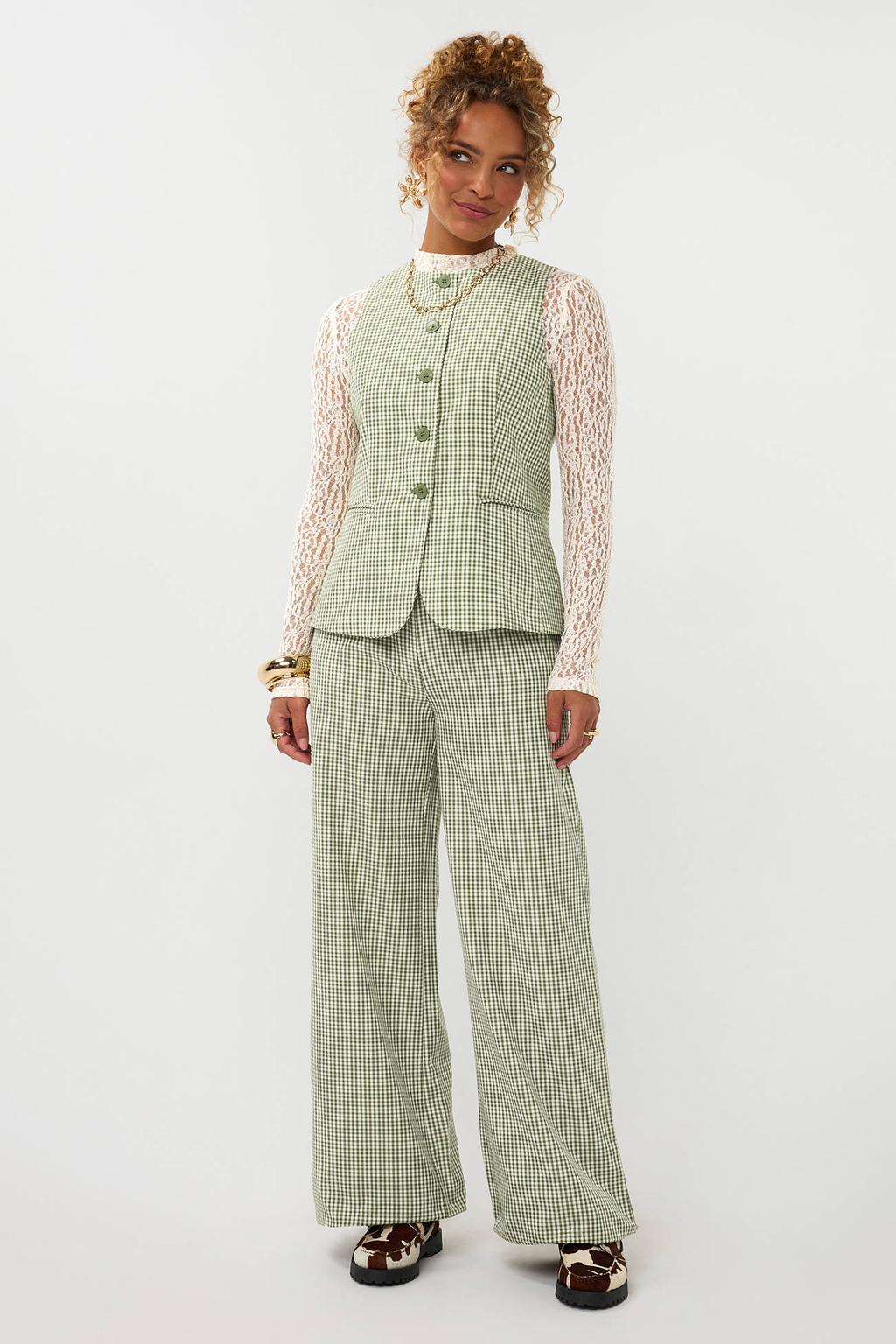 Groene dames Ydence geruit gilet van polyester met ronde hals en knoopsluiting