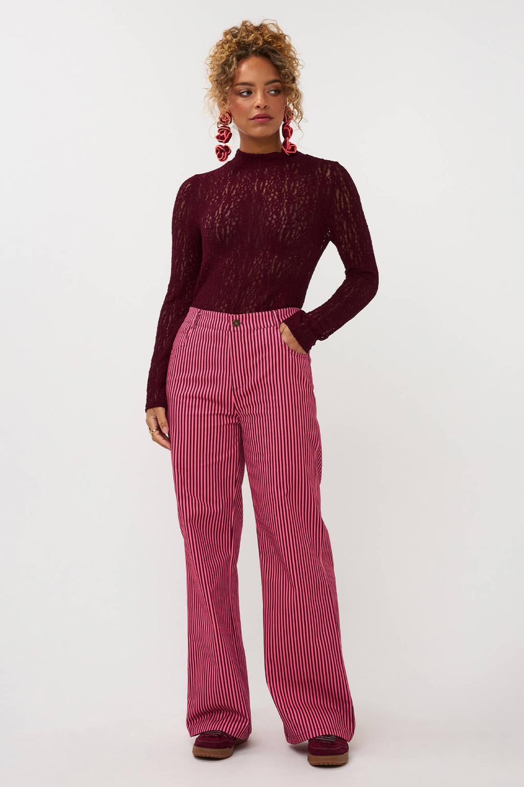 Donkerrood en roze dames Ydence regular waist gestreepte broek van katoen met rits- en knoopsluiting