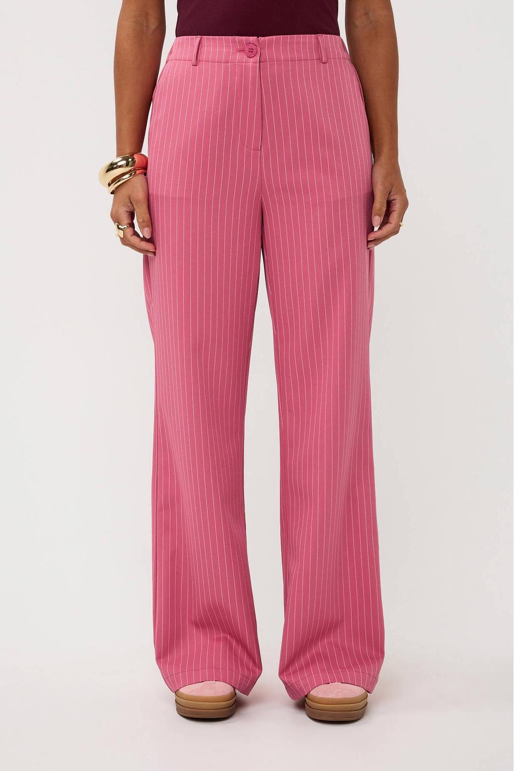 Roze dames Ydence regular waist pantalon van polyester met loose fit, rits- en knoopsluiting en krijtstreepprint
