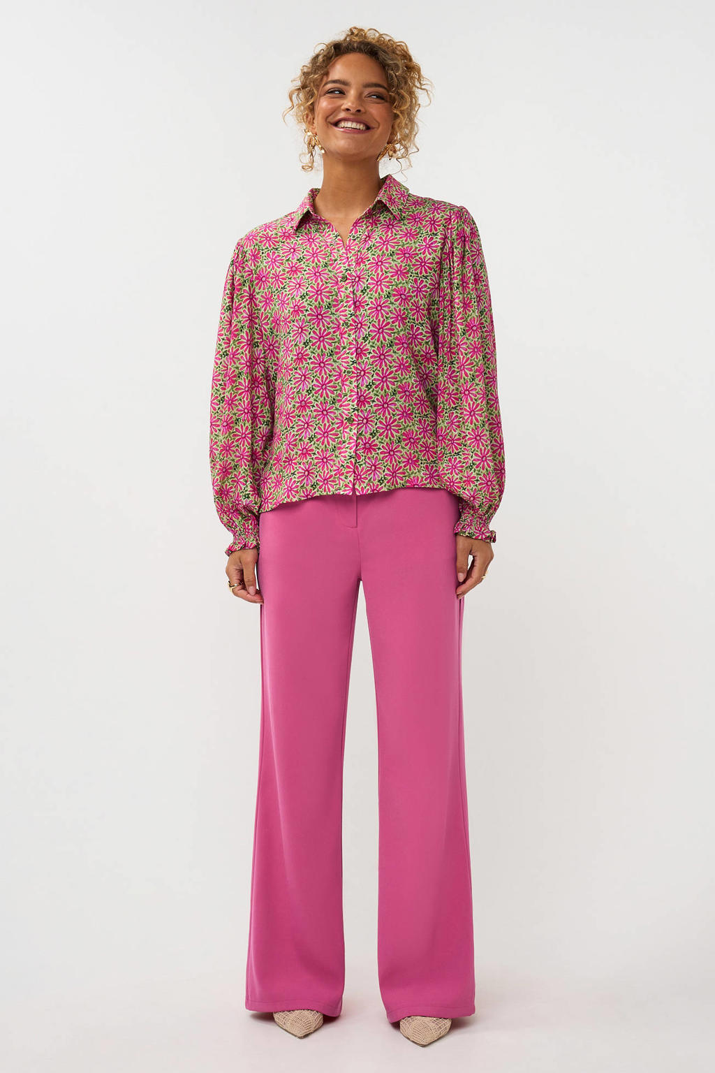 Roze dames Ydence gebloemde blouse van viscose met lange mouwen, klassieke kraag en knoopsluiting