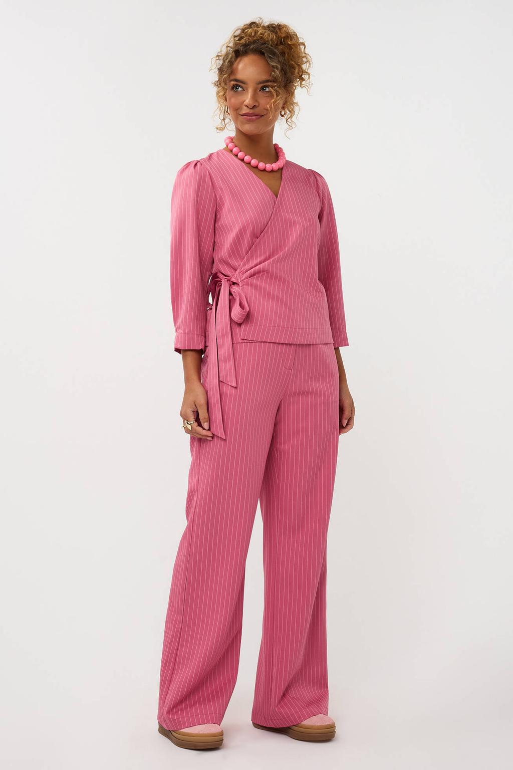 Roze dames Ydence overslagtop van polyester met krijtstreepprint, driekwart mouwen en striksluiting