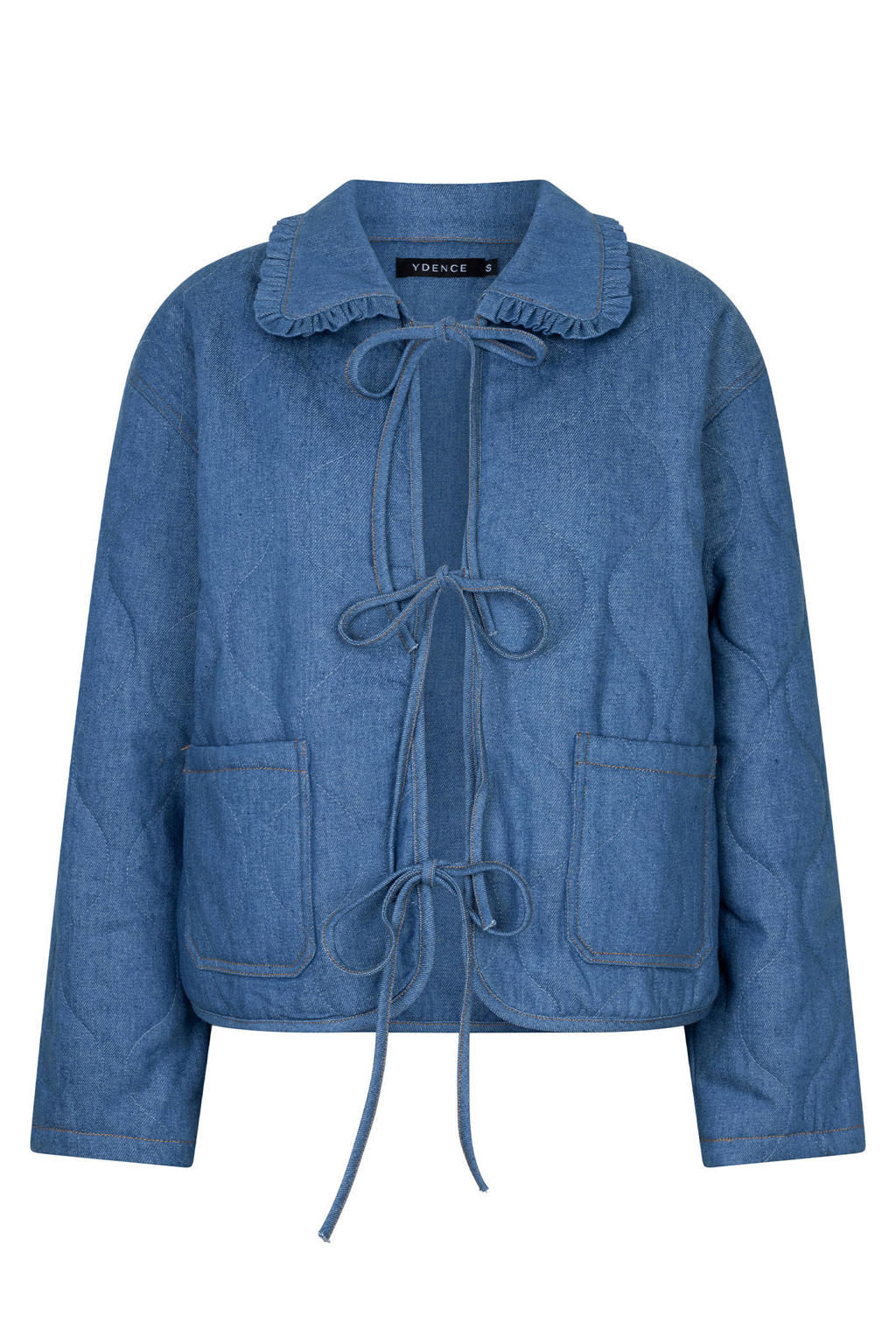 Medium blue denim dames Ydence spijkerjas quilted van denim met effen, lange mouwen, klassieke kraag en striksluiting