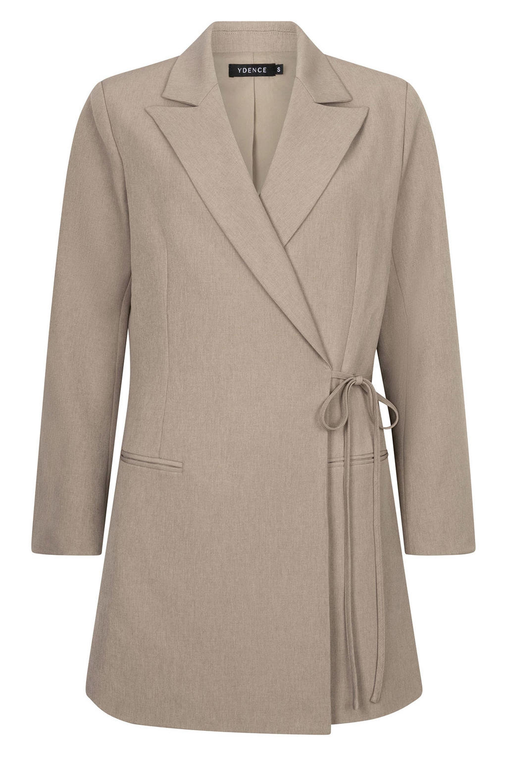 Beige dames Ydence wikkel- overslagjurk van polyester met effen, lange mouwen, reverskraag en striksluiting