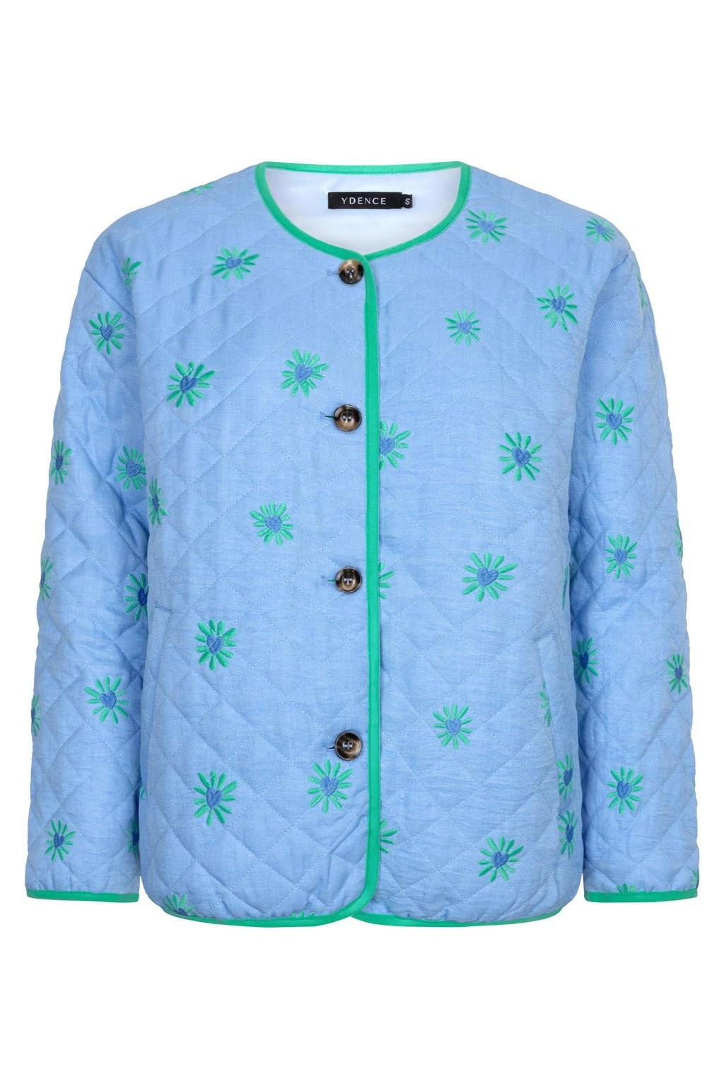 Blauwe dames Ydence jack van katoen met bloemenprint, lange mouwen, ronde hals, knoopsluiting en borduursels