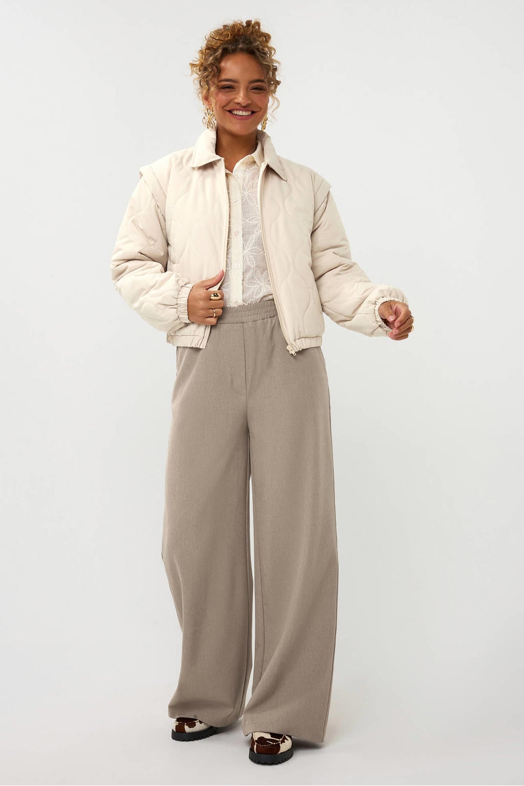 Beige dames Ydence straight high waist casual broek van polyester met elastische tailleband en effen