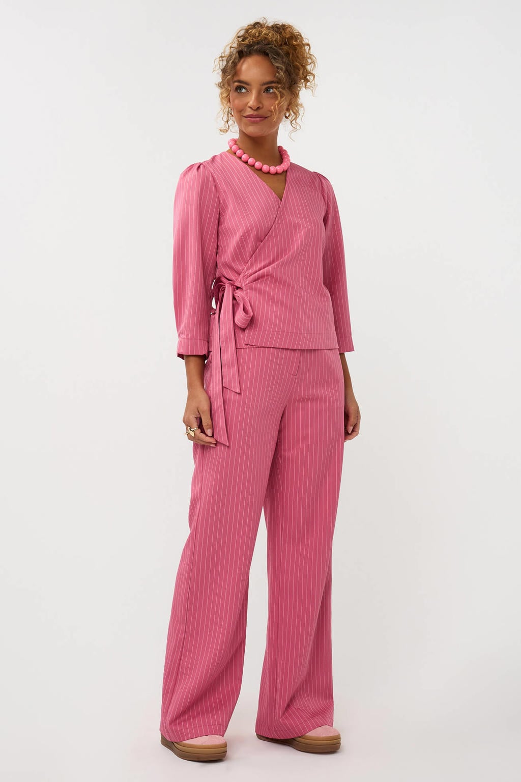 Roze dames Ydence straight regular tall waist gestreepte pantalon van polyester met rits- en knoopsluiting