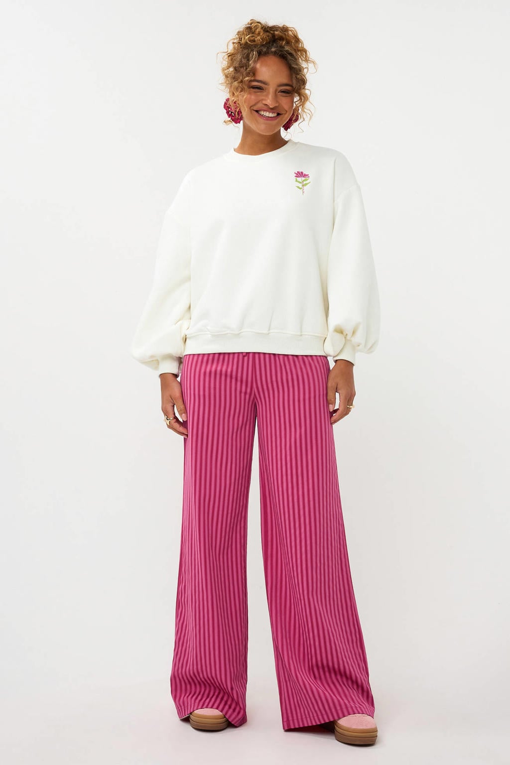 Witte dames Ydence sweater van katoen met backprint, lange mouwen, ronde hals en elastische boord
