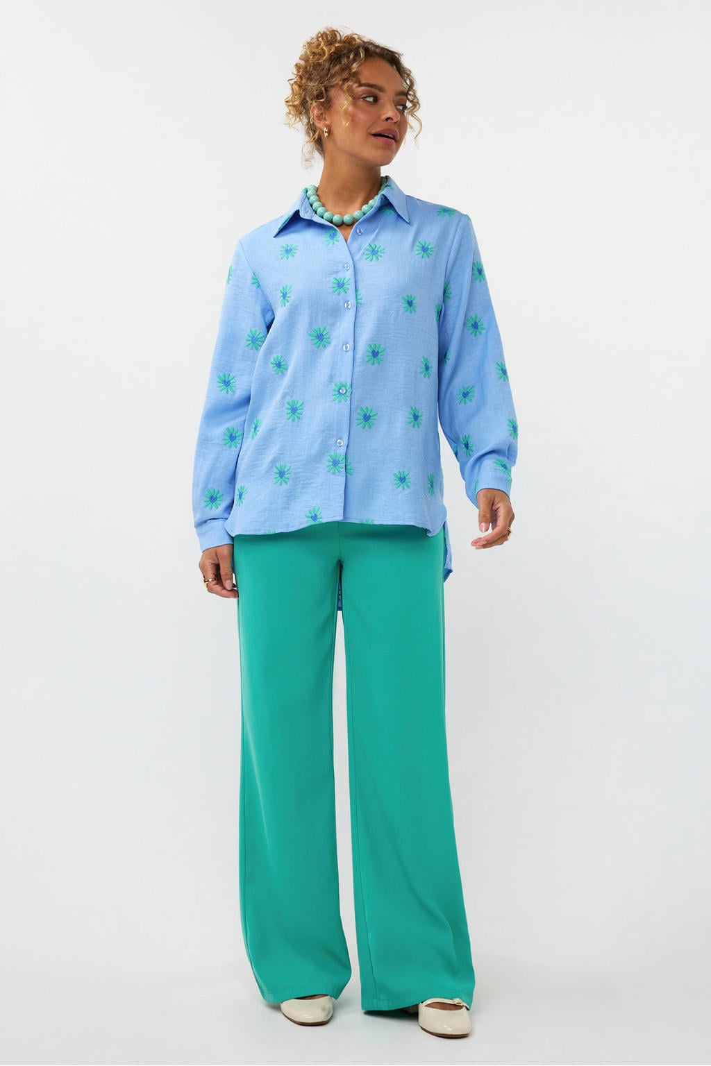 Blauwe dames Ydence gebloemde blouse van katoen met lange mouwen, klassieke kraag, knoopsluiting en borduursels