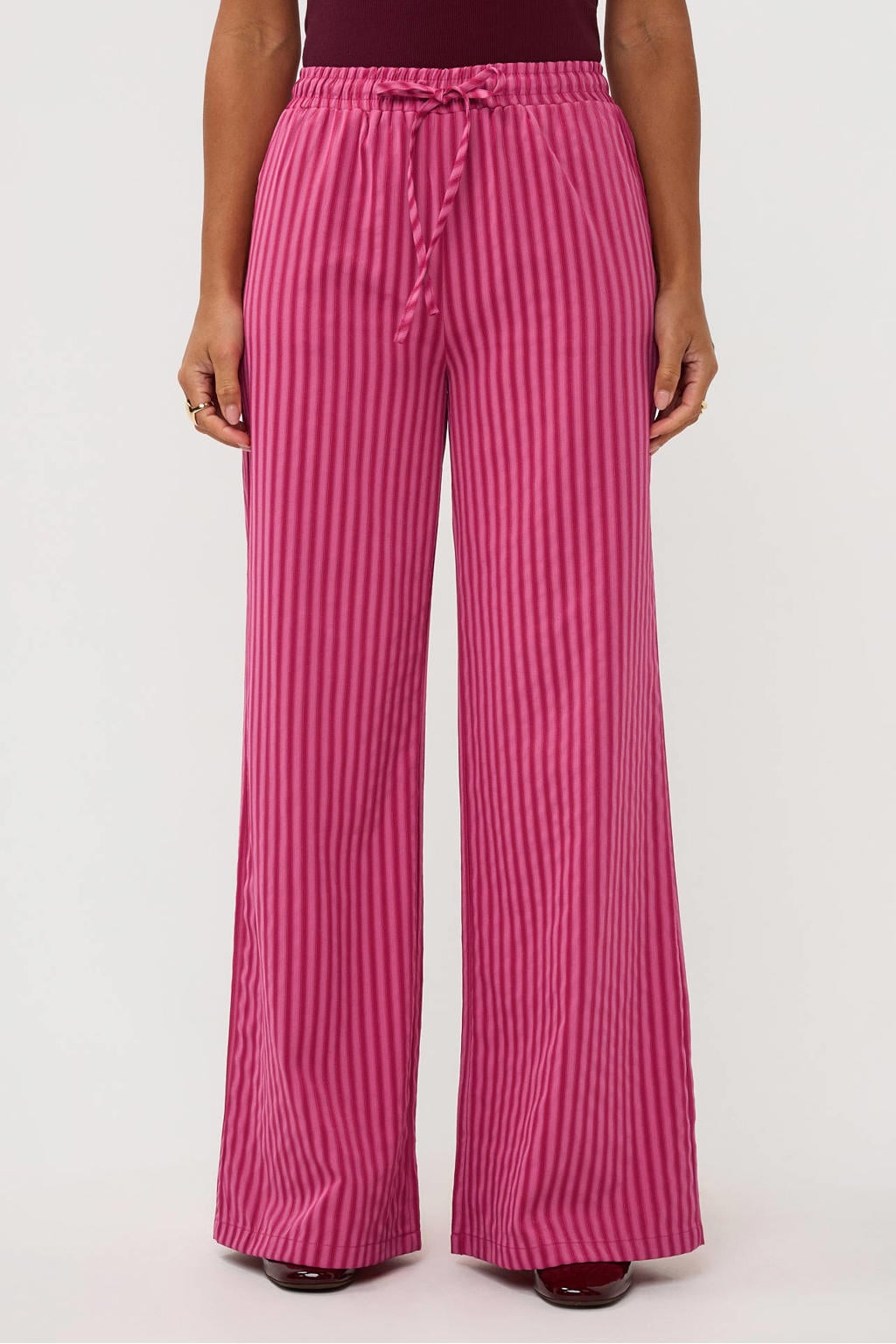 Roze dames Ydence regular waist gestreepte casual broek van polyester met elastische tailleband met koord