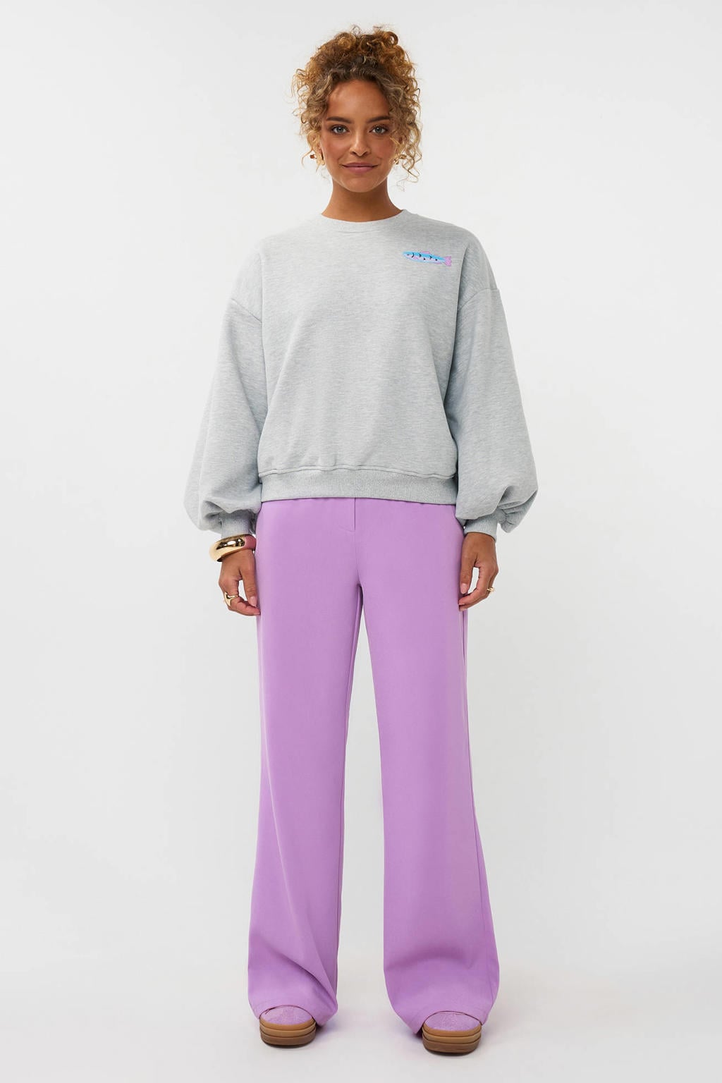 Grijze dames Ydence sweater van katoen met backprint, lange mouwen, ronde hals en elastische boord