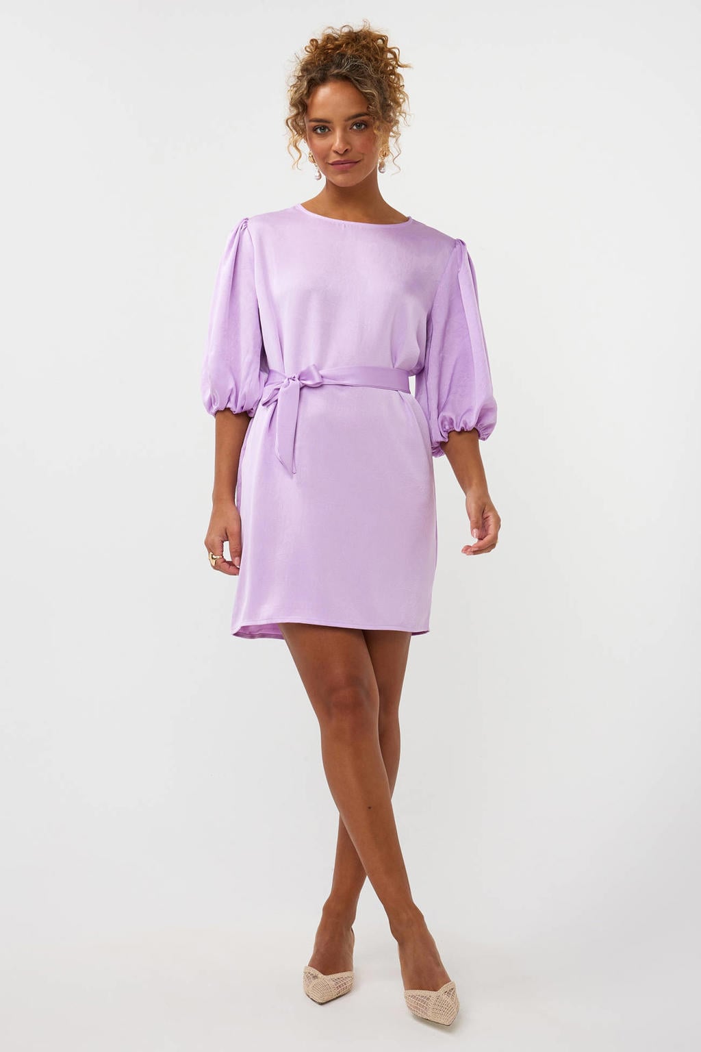 Lilakleurige dames Ydence cocktailjurk van polyester met effen, half lange mouwen, ronde hals, striksluiting en glimmend detail