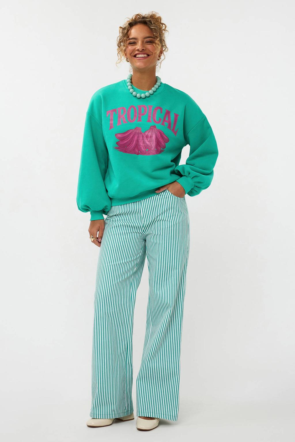 Groene dames Ydence sweater van katoen met printopdruk, lange mouwen, ronde hals en elastische boord