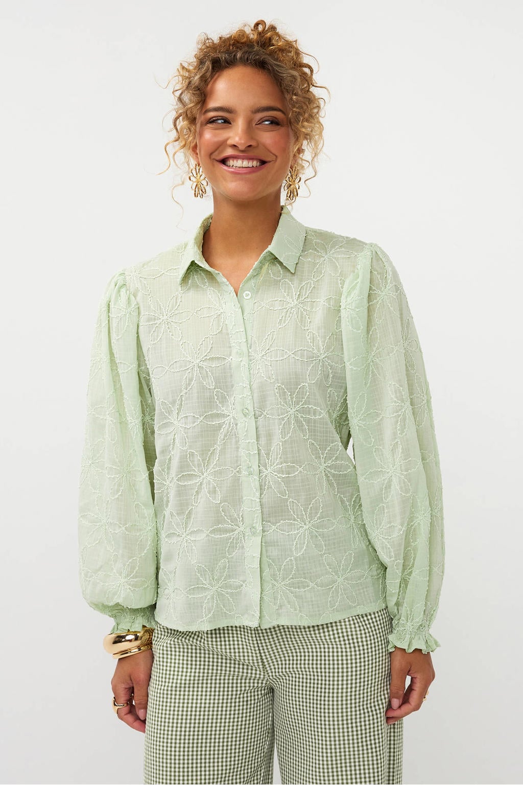 Groene dames Ydence blouse van polyester met effen, lange mouwen, klassieke kraag en knoopsluiting