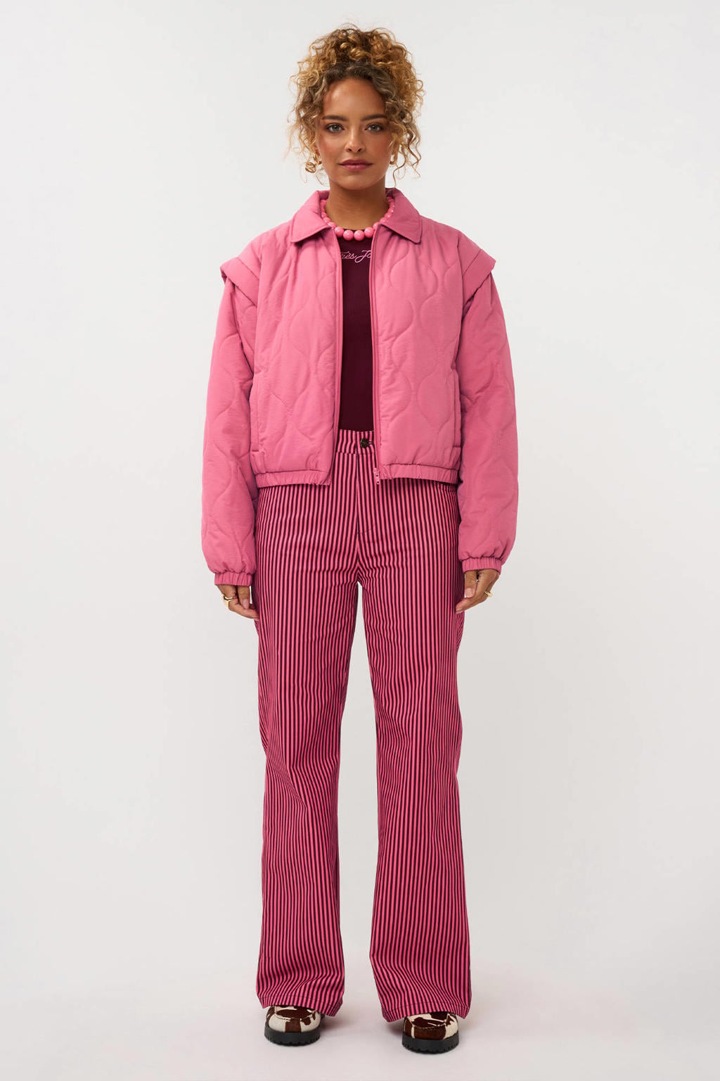 Roze dames Ydence bomberjack quilted van polyester met effen, lange mouwen, klassieke kraag en ritssluiting