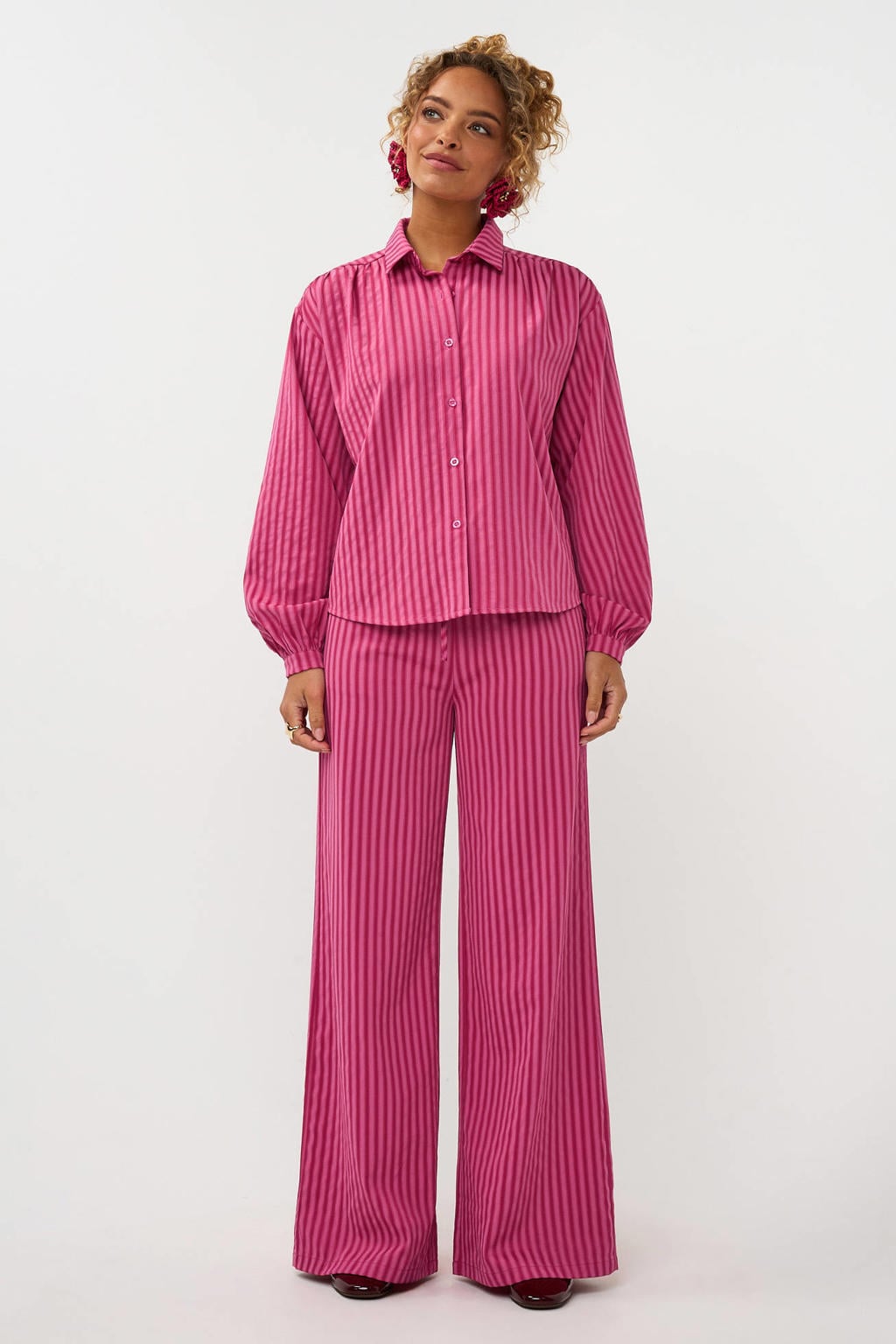 Roze dames Ydence gestreepte blouse van polyester met lange mouwen, klassieke kraag en knoopsluiting