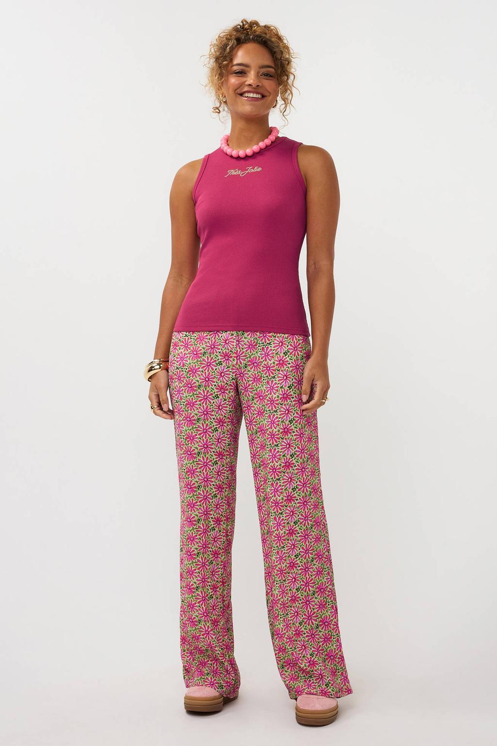Fuchsia dames Ydence mouwloze top rib gebreid met tekst print en ronde hals