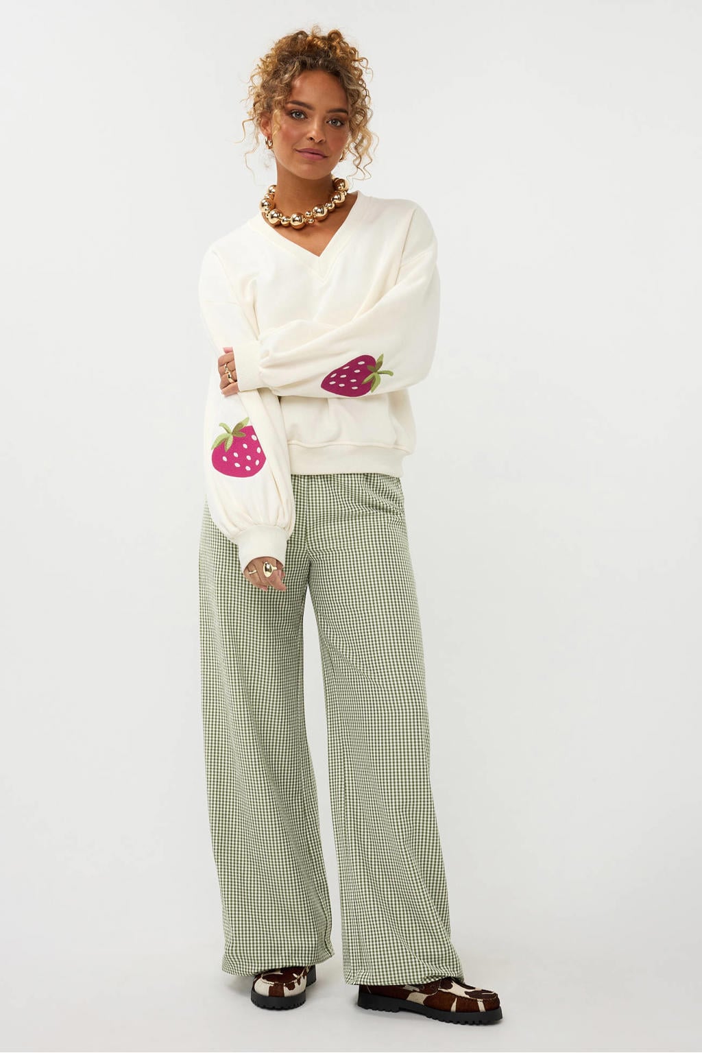 Ecru dames Ydence sweater van katoen met effen, lange mouwen, V-hals en borduursels